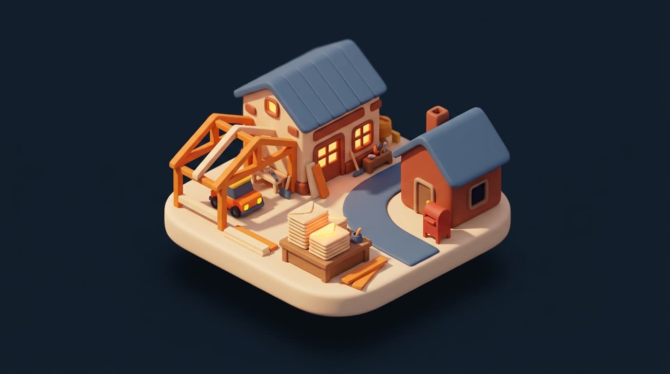 Miniatur-Diorama: eine Zimmerei-Werkstatt neben einem halbfertigen Carport, auf dem Tresen ein hoher Stapel Briefumschläge, gegenüber ein Haus mit rotem Briefkasten