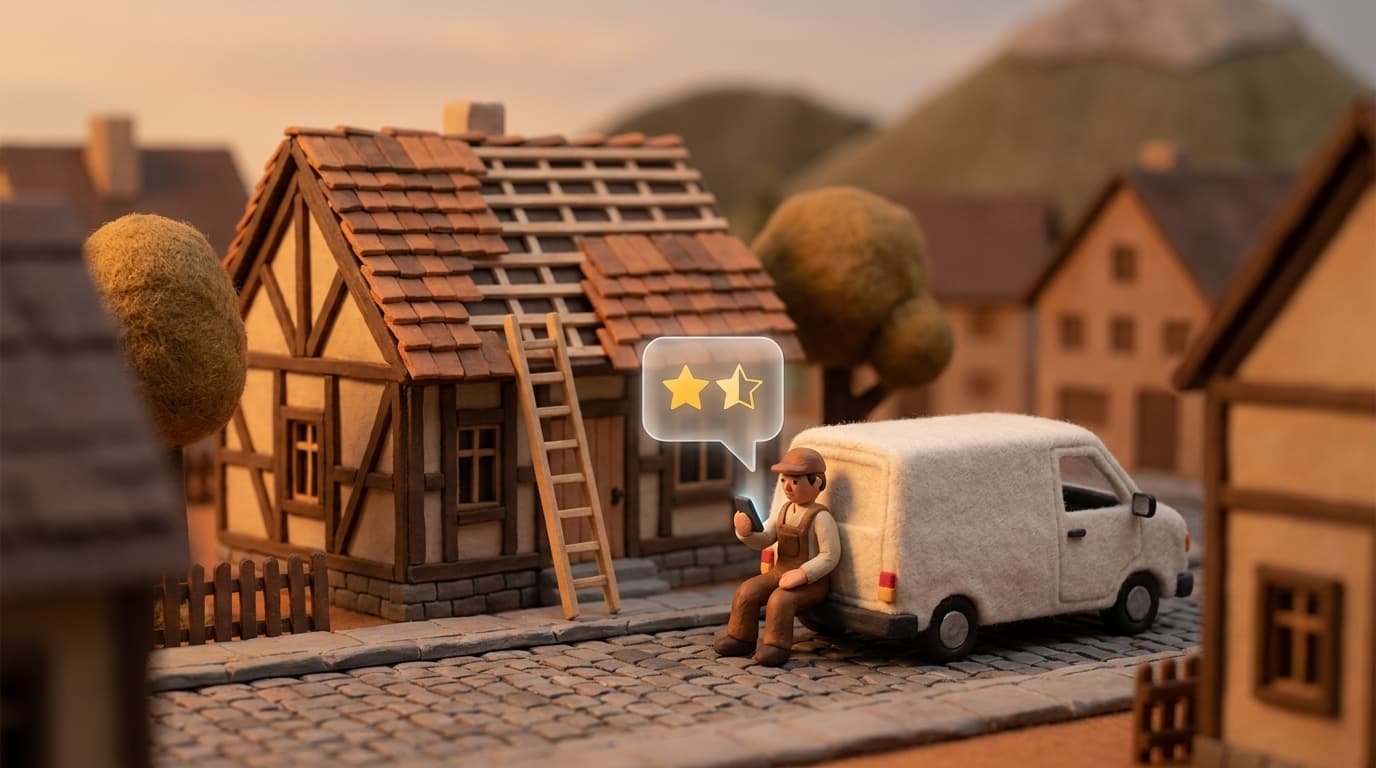 Miniatur-Diorama: vor einem Fachwerkhaus mit halb gedecktem Dach und angelehnter Leiter sitzt ein Handwerker am Heck seines Transporters und tippt auf dem Handy, darüber schwebt eine Sprechblase mit eineinhalb Sternen