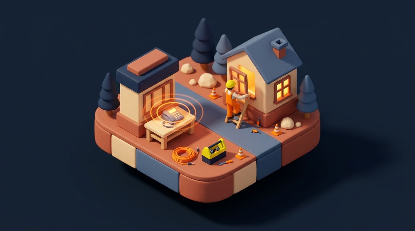 Miniature diorama of a window fitter's workshop with a landline phone glowing on the bench and orange rings radiating from it, while a fitter on a ladder lifts a window frame into the house across the lane