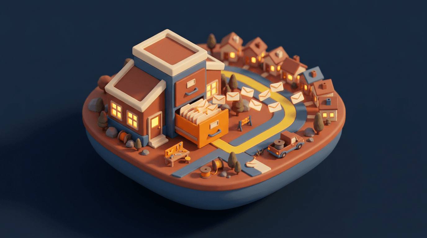 Miniature diorama of an electrician's office with envelopes drifting from an open filing cabinet towards a row of small houses