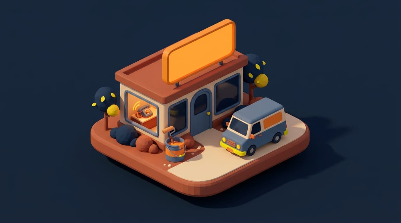 Miniatur-Diorama: ein Malerbetrieb mit leuchtender Werbetafel auf dem Dach, die Ladentür ist zu, die Fenster sind dunkel, auf dem Tresen klingelt das Telefon