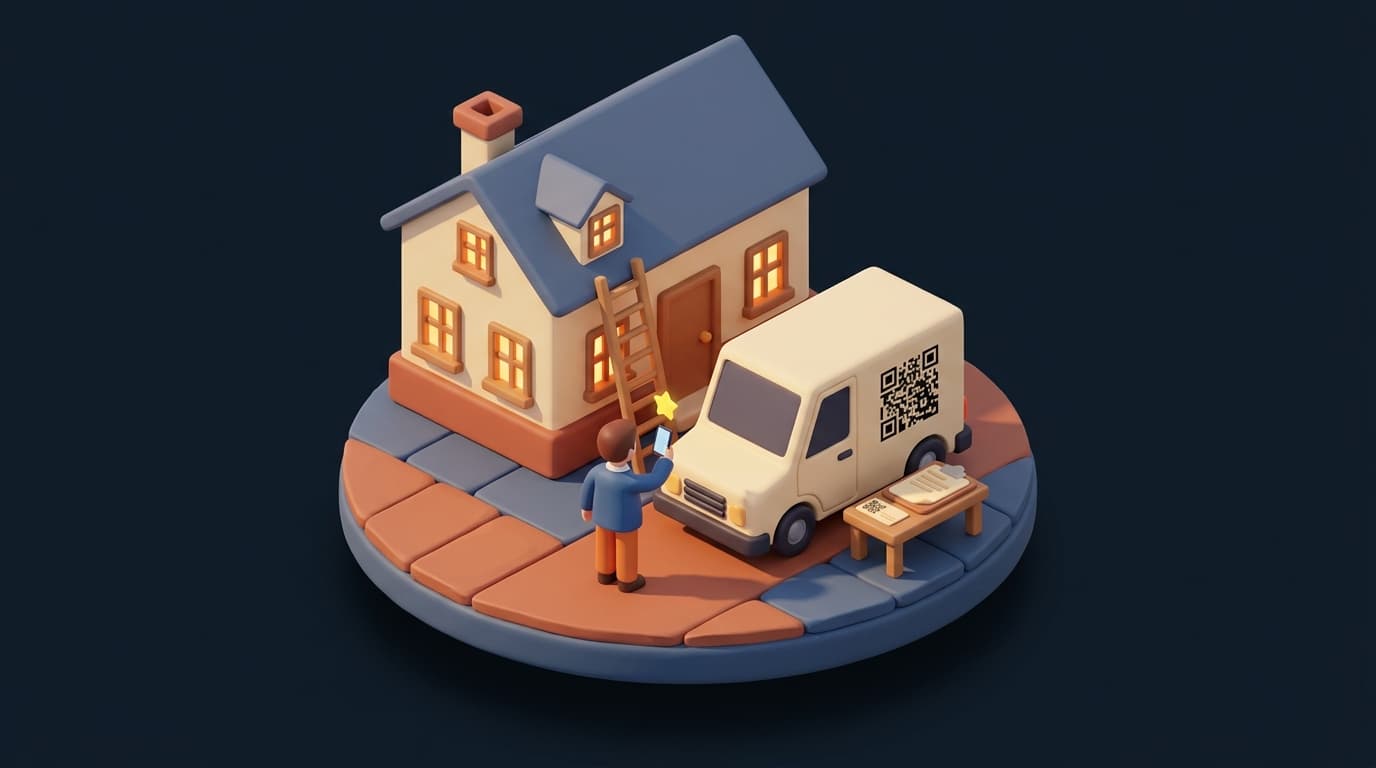Miniatur-Diorama: vor einem frisch gestrichenen Haus mit Leiter parkt ein Transporter mit einem QR-Code auf der Seitenwand, ein Kunde hält sein Handy davor, über dem Display leuchtet ein gelber Stern