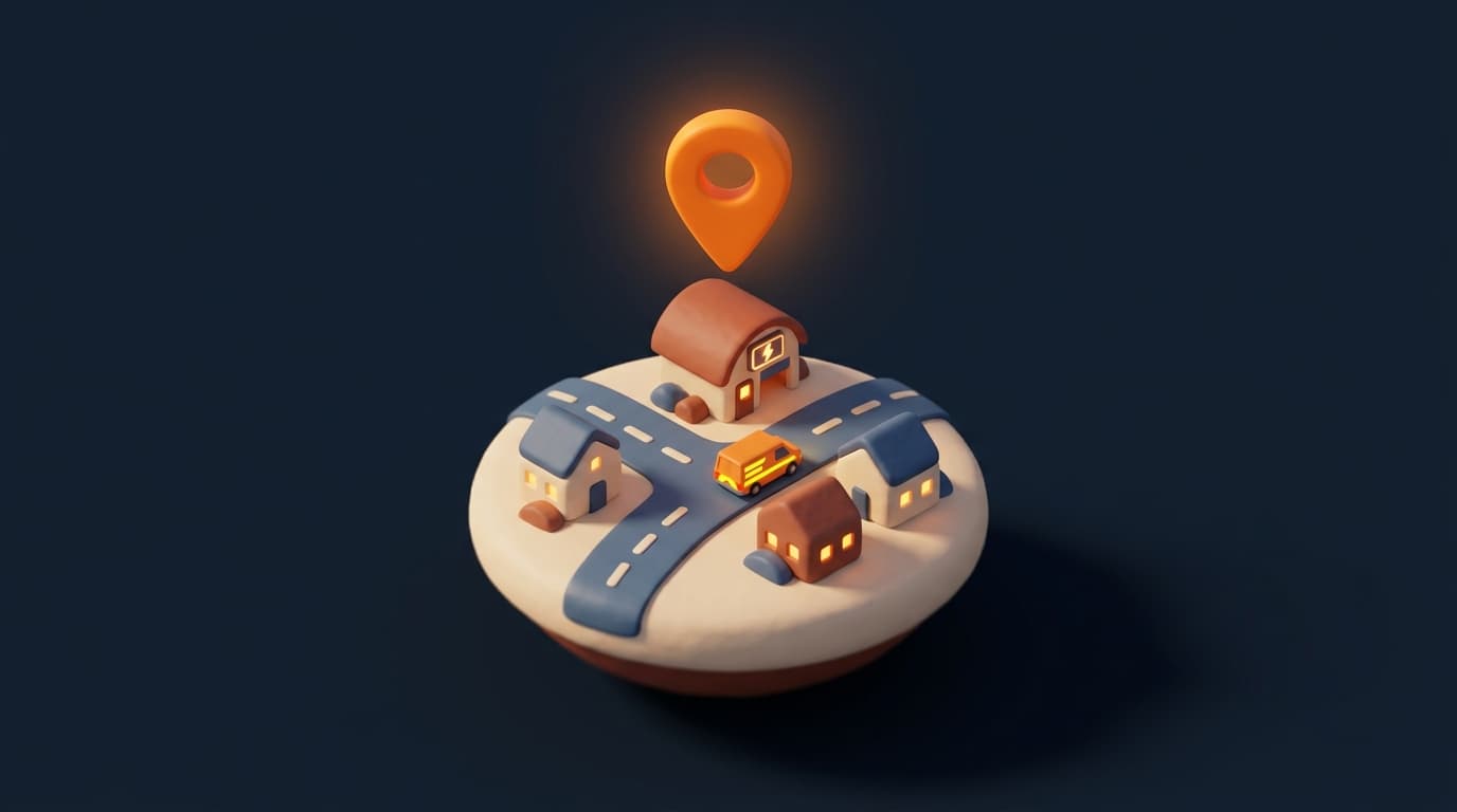 Miniature diorama of a large glowing orange map pin hovering over a small electrician's workshop on a miniature street with a winding road, a tiny van and two houses