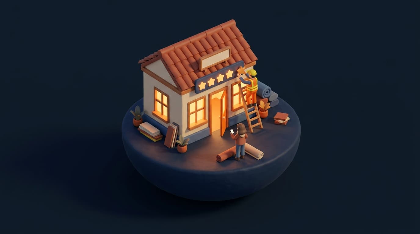 Miniature diorama of a flooring firm's shop front at dusk, a tradesperson on a ladder hanging a fifth clay star above the door beside four glowing ones, a customer with a phone standing next to a rolled carpet