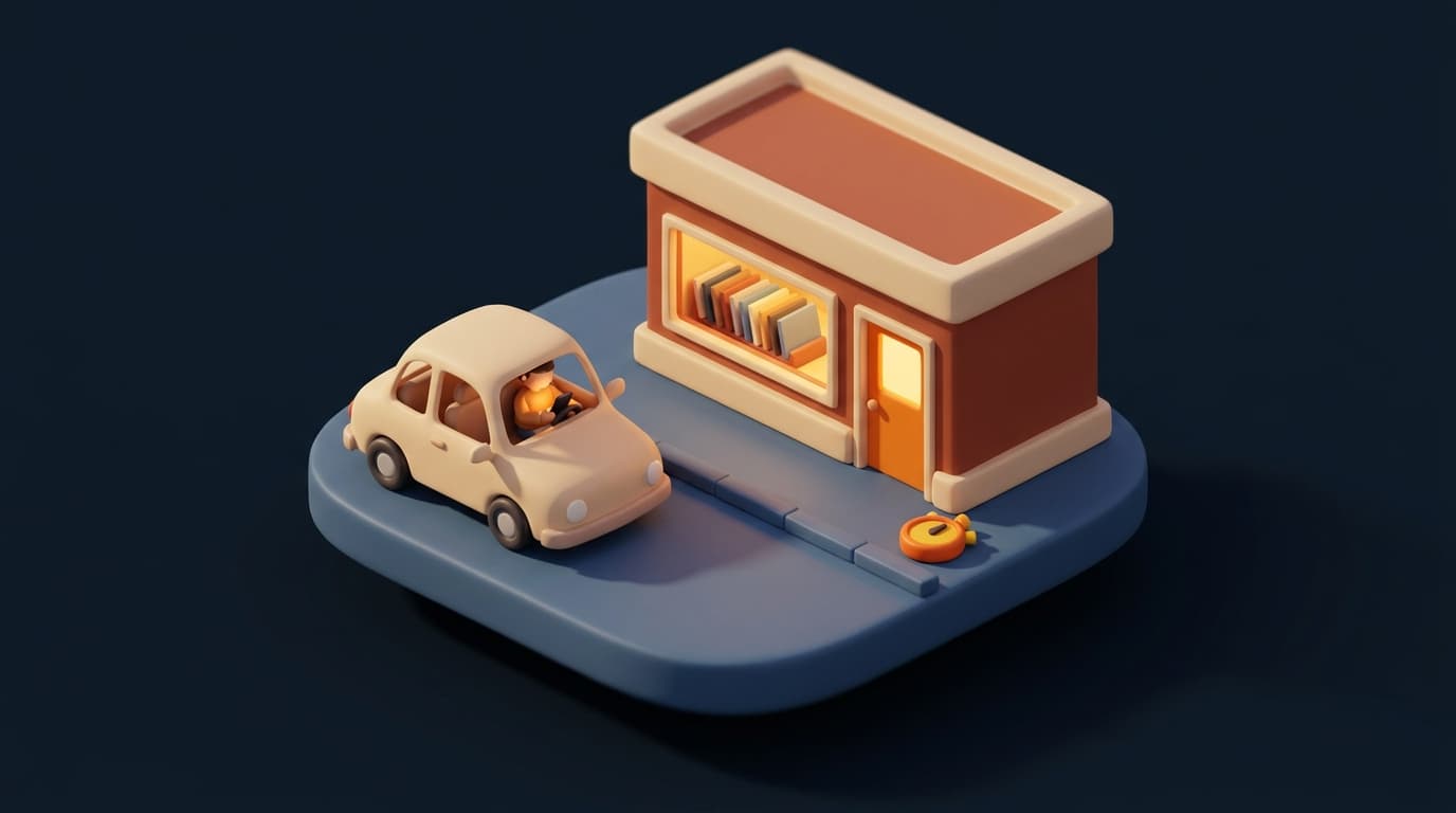 Miniatur-Diorama: ein Parkplatz in der Dämmerung, im Auto hält jemand ein leuchtendes Handy, gegenüber ein Fliesenleger-Ausstellungsraum mit einer einzigen orangen Tür und einer Stoppuhr am Bordstein