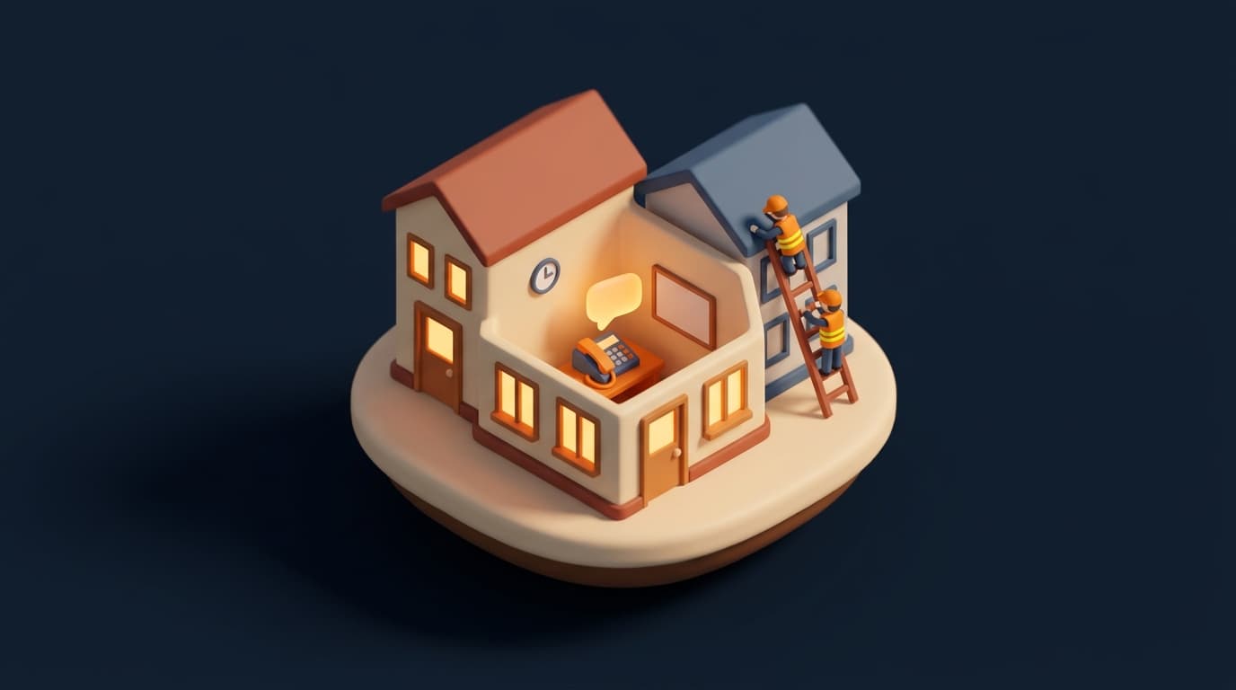 Miniatur-Diorama: das Büro eines Heizungsbetriebs in der Dämmerung, auf dem Schreibtisch ein Telefon mit einer leuchtenden Sprechblase, draußen zwei Monteure auf einer Leiter