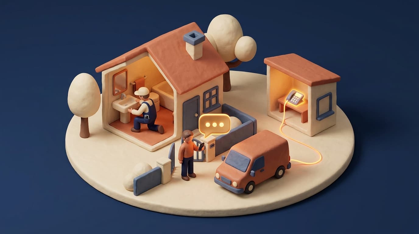Miniature diorama: a plumber kneels at a sink inside a cut-away house while a customer at the garden gate holds a phone under a glowing amber speech bubble, and a lit desk phone in an empty office is wired to the van outside