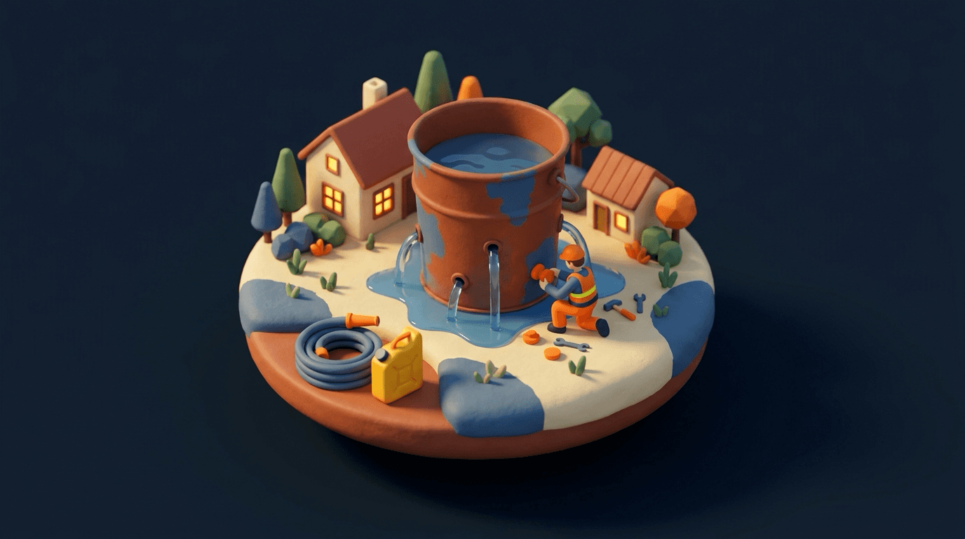 Miniature diorama of a leaking tin bucket, a tradesman pressing orange plugs into the holes, with a hose and fuel can waiting at the edge
