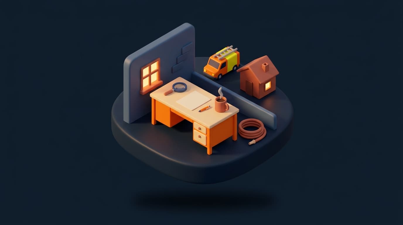 Miniature diorama of a trade business owner's desk with a blank contract sheet, a pen, a magnifying glass and a coffee mug, a plumber's van and a house with an amber window visible through the office window, a coiled hose beside the desk