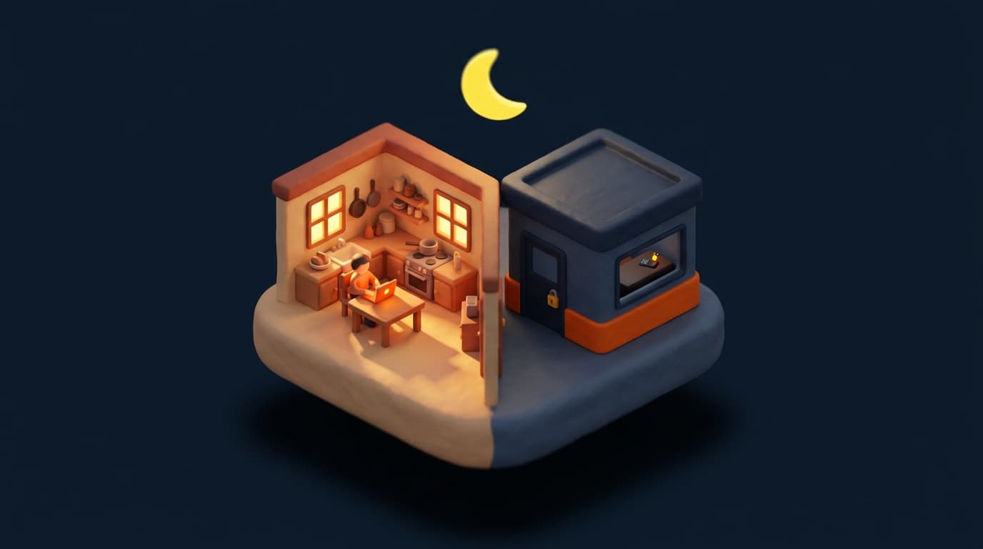 Miniature diorama at night: a cosy kitchen with a person at a glowing laptop on one side, and on the other a heat pump installer's office, dark and locked, with one amber notification light blinking on the desk phone