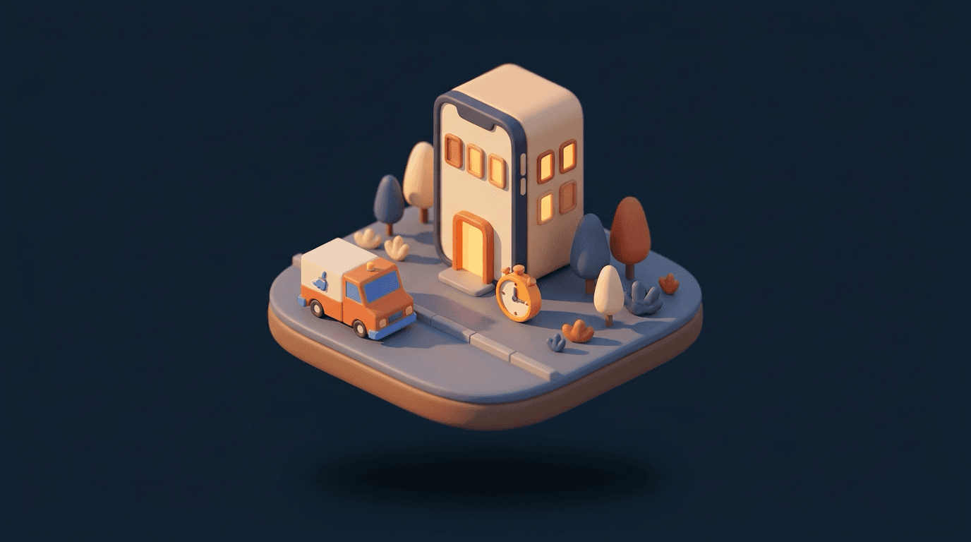 Miniature diorama of a cleaning company's storefront shaped like an upright smartphone with one glowing orange door and a stopwatch beside it