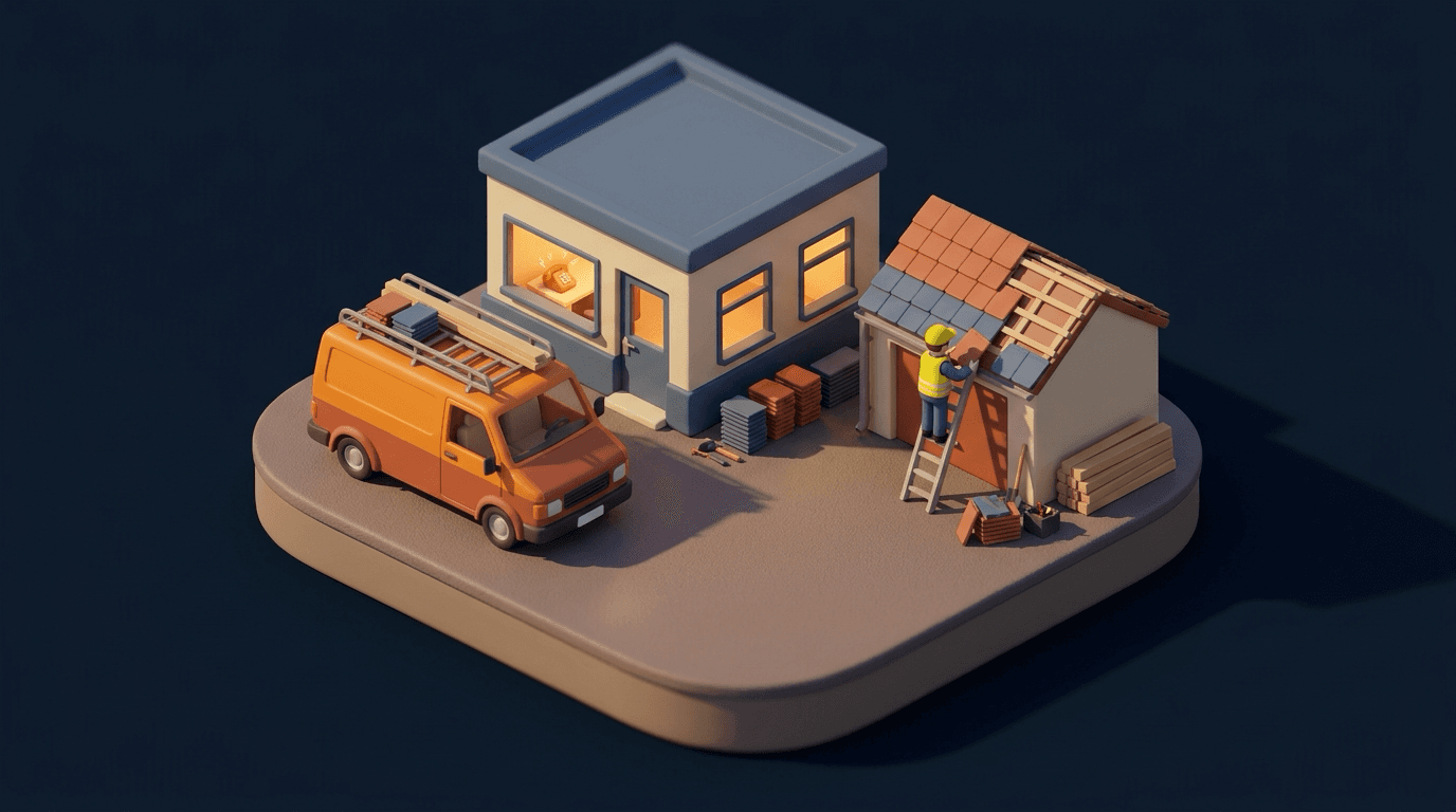 Miniatur-Diorama eines Dachdeckerbetriebs: ein Dachdecker auf der Leiter, im leeren Büro leuchtet das klingelnde Telefon
