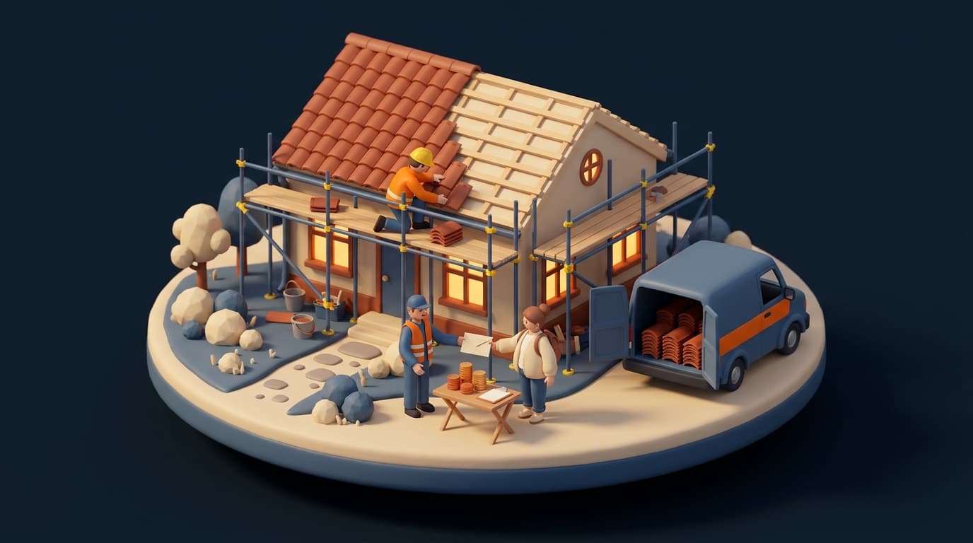 Miniatur-Diorama: ein Einfamilienhaus mit halb neu gedecktem Dach, links rote Tonziegel, rechts noch nackte Dachlatten, ein Dachdecker in orangefarbener Jacke deckt vom Gerüst aus Ziegel, im Vorgarten reicht der Meister der Hausbesitzerin über einen Klapptisch mit drei Münzstapeln einen Umschlag, daneben ein Transporter voller Dachziegel