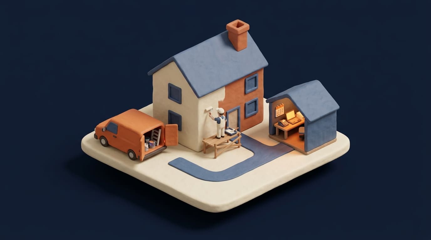 Miniature diorama: a painter in white overalls stands on a low scaffold rolling paint onto the front of a two-storey house, an orange van with its rear doors open shows paint tins and a ladder, and in a small open-fronted garden office a laptop and a desk phone glow amber beside a wall calendar