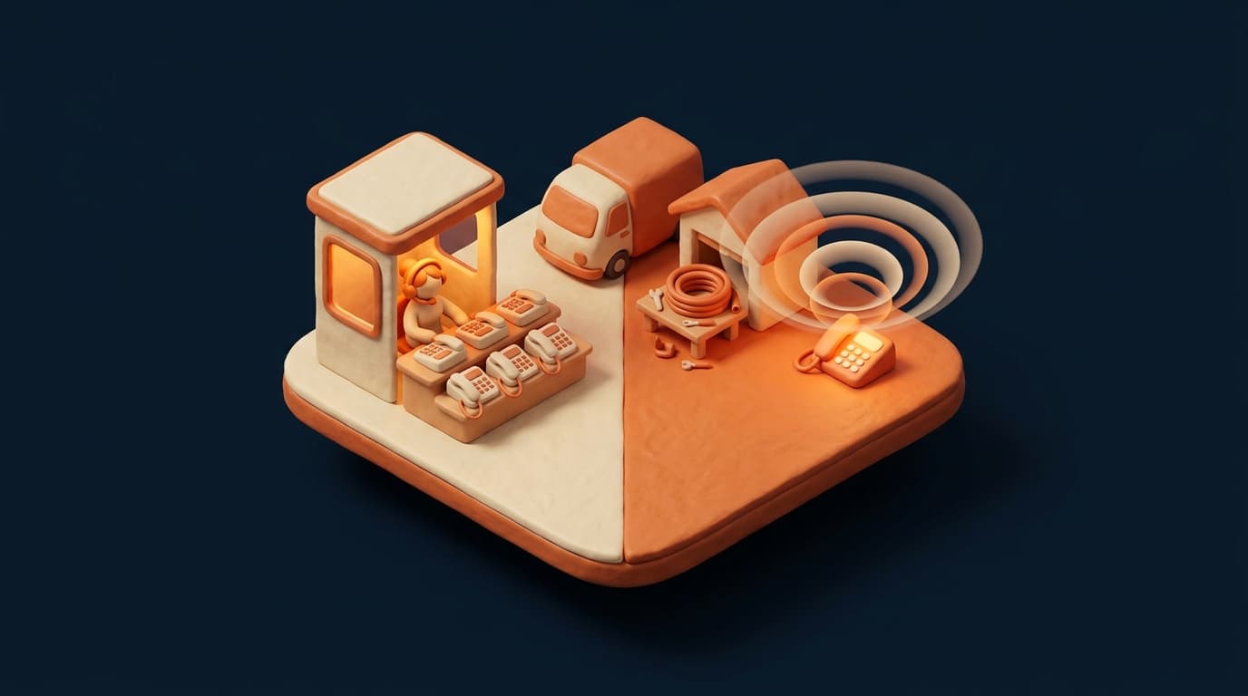 Miniature diorama split in two: on one side a call centre booth with an operator in a headset behind a row of desk phones, on the other a plumber's workshop with a van, a coiled pipe and one desk phone glowing orange