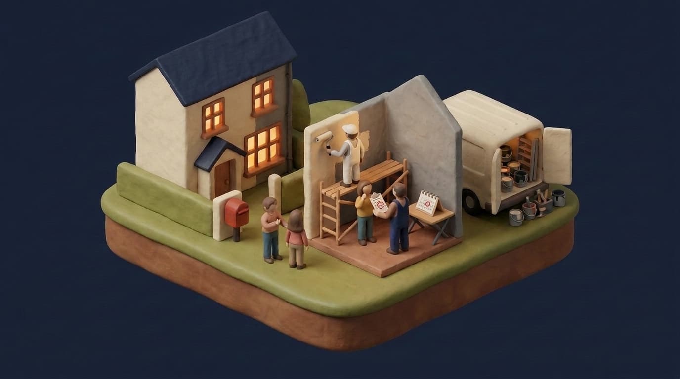 Miniatur-Diorama: neben einem Einfamilienhaus steht ein Stück Fassade, eine Hälfte frisch cremefarben gestrichen, die andere noch grau, auf dem Gerüst davor rollt ein Maler in Weiß Farbe auf, darunter zeigt der Meister im blauen Overall einer Kundin ein Blatt mit einer rot eingekreisten Stelle, auf dem Klapptisch daneben steht ein Tischkalender, im Vorgarten wartet ein Paar, dahinter ein heller Transporter mit offenen Hecktüren voller Farbeimer