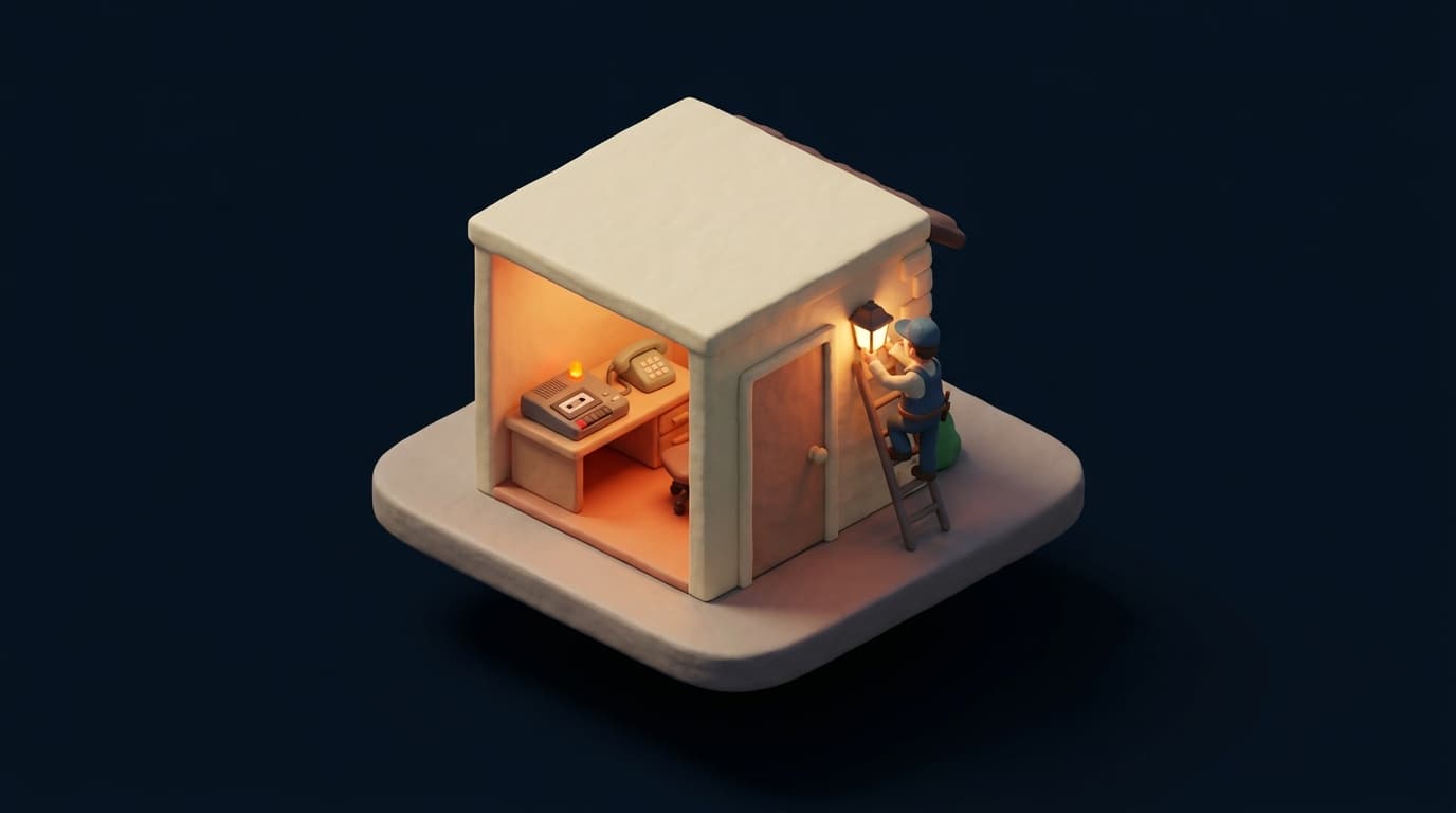 Miniatur-Diorama: eine Elektrikerwerkstatt mit offenem Büro, auf dem Schreibtisch ein Anrufbeantworter mit oranger Lampe, draußen montiert ein Elektriker auf der Leiter eine Außenleuchte