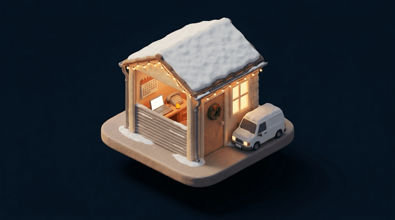 Miniatur-Diorama: eine verschneite kleine Werkstatt mit Lichterkette am Dach und Kranz an der Tür, das Rolltor ist halb heruntergelassen, im Büro stehen ein Laptop und ein Telefon mit oranger Lampe, an der Wand hängt ein Kalender, daneben parkt ein weißer Transporter mit Schnee auf dem Dach