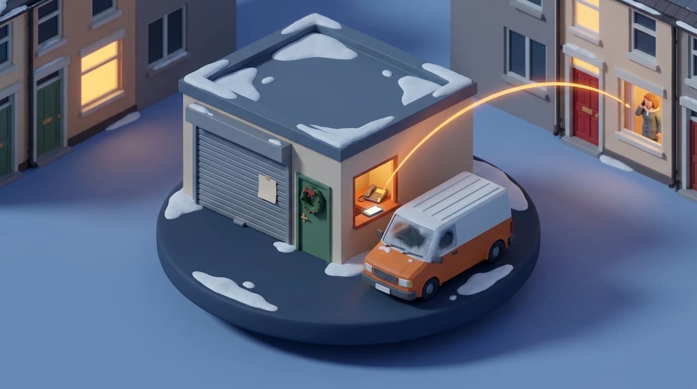 Miniature diorama: a small trade workshop on a snowy winter evening, its grey roller shutter pulled down with a plain paper notice taped to it and a wreath on the green side door, an orange-and-white van with a frosted windscreen parked outside, and an amber arc running from the desk phone in the lit office window to a woman on the phone in the window of a terraced house with a red front door
