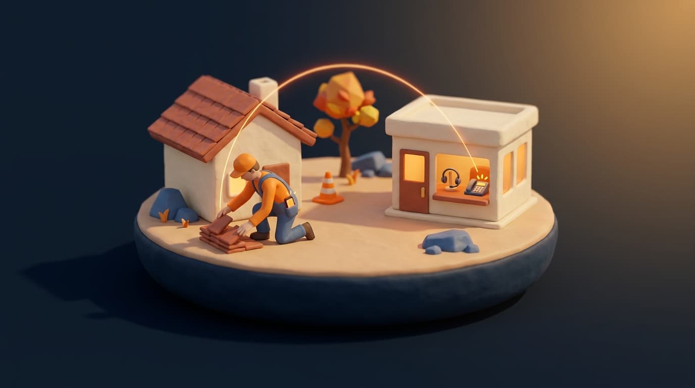 Miniature diorama: a roofer kneels laying terracotta tiles beside a small house, and a glowing orange arc runs from the phone in his pocket to a lit office across the island, where a headset sits next to a desk phone