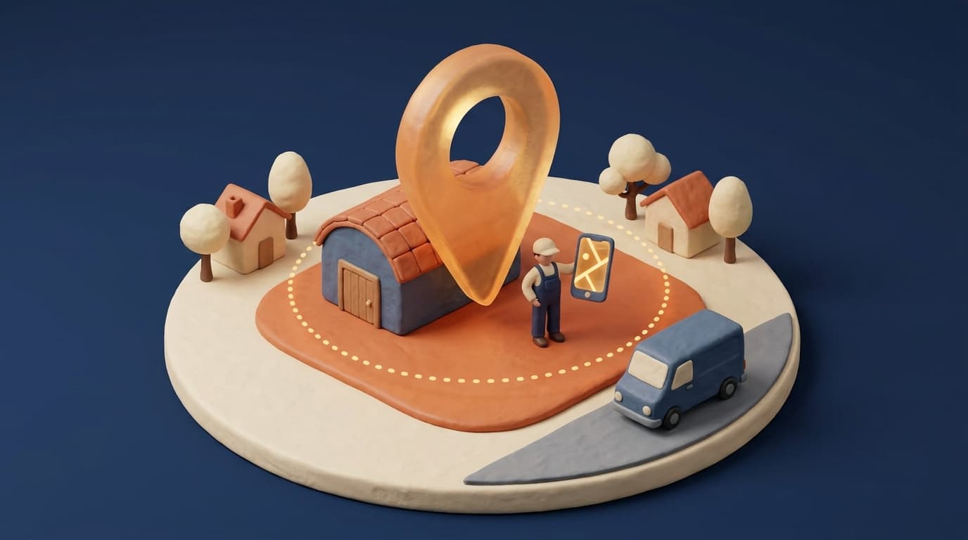 Miniatur-Diorama: neben einer kleinen Werkstatt ohne Schaufenster steht eine leuchtende orange Kartennadel, ein Handwerker hält ein Handy mit einer Karte hoch, ein gepunkteter Kreis um die Werkstatt markiert das Einzugsgebiet