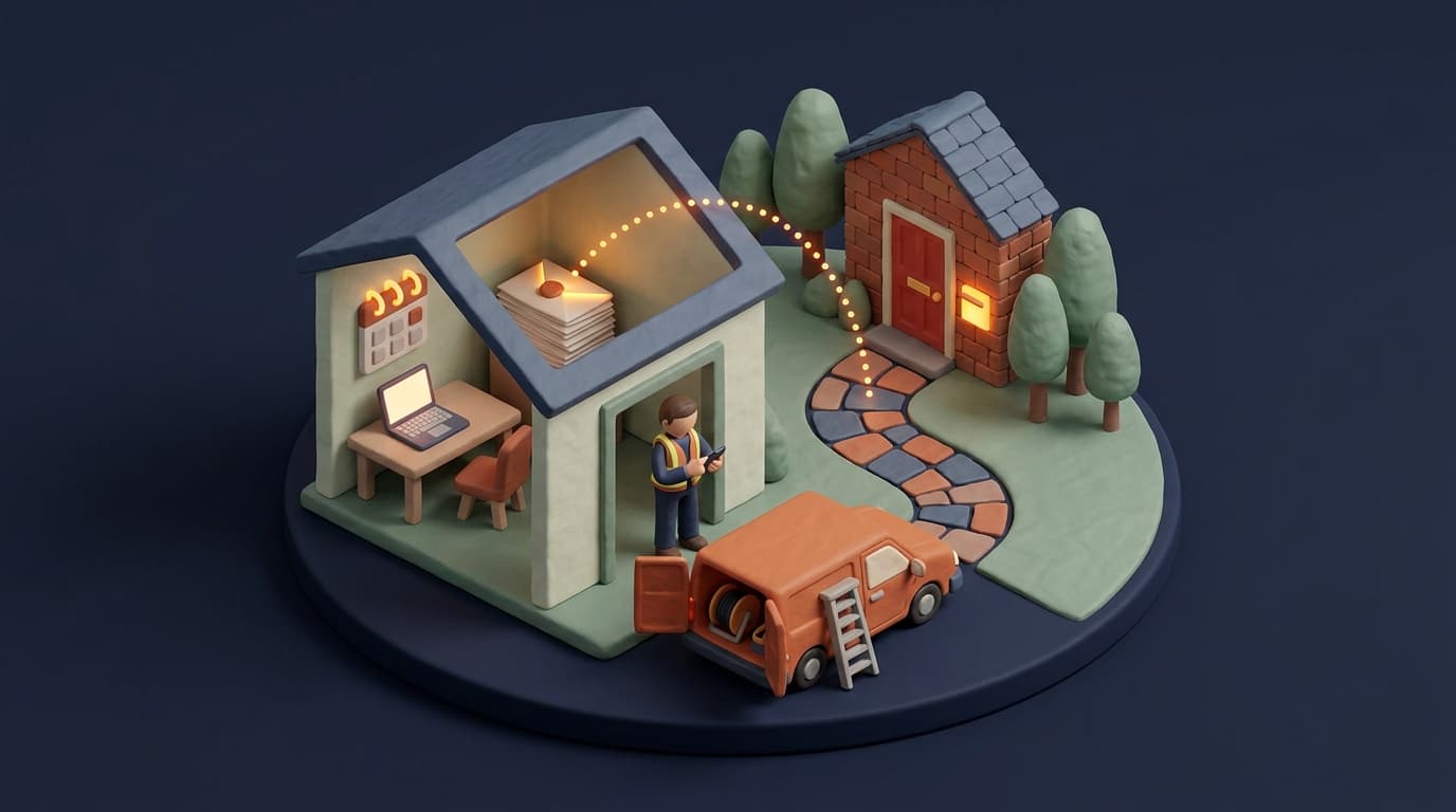 Miniature diorama: an electrician in a hi-vis vest stands in the doorway of a small office reading his phone, inside a laptop sits on the desk under a wall calendar and a stack of envelopes with one glowing amber, a dotted amber line arcs from it to the lit letterbox of a brick house with a red door, and an orange van with its rear doors open shows a cable reel and a stepladder