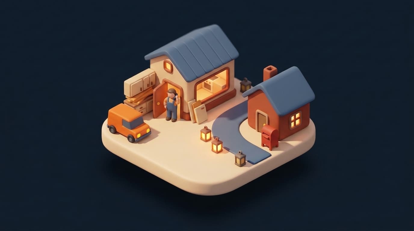 Miniature diorama: a kitchen fitter in overalls stands in his workshop doorway with a phone to his ear, cabinet doors stacked beside him and an orange van out front, while small lanterns, two of them lit, lead along a path to a customer's house with a red letterbox