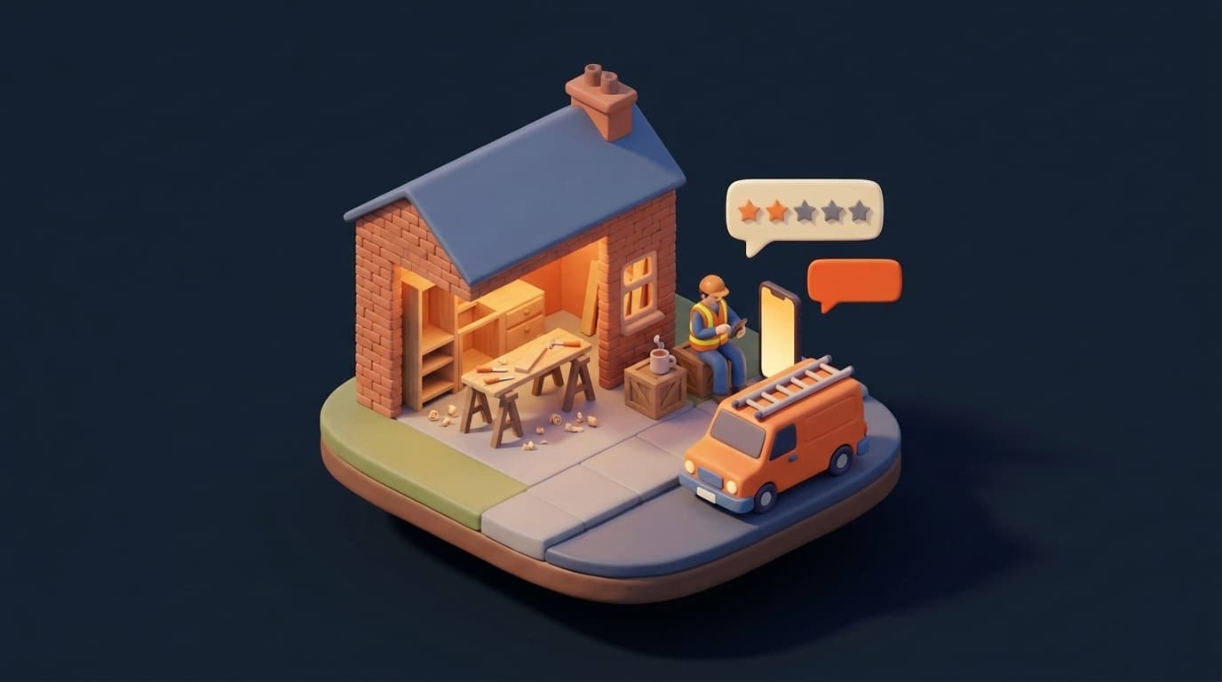 Miniature diorama: a joiner in a hi-vis vest sits on a crate outside a brick workshop with a half-built cabinet inside and types on a phone, above it float a speech bubble with two of five stars lit and a blank orange bubble, an orange van is parked at the kerb