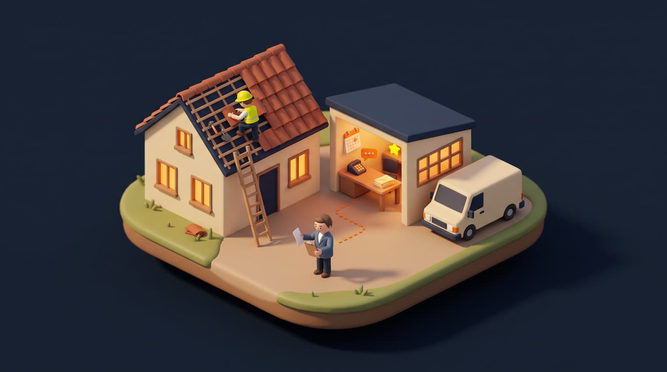 Miniatur-Diorama: ein Dachdecker deckt das Dach eines Wohnhauses, daneben ein offenes Büro mit leuchtendem Telefon, Kalender, Briefstapel und gelbem Stern, davor prüft der Chef ein Blatt auf seinem Klemmbrett