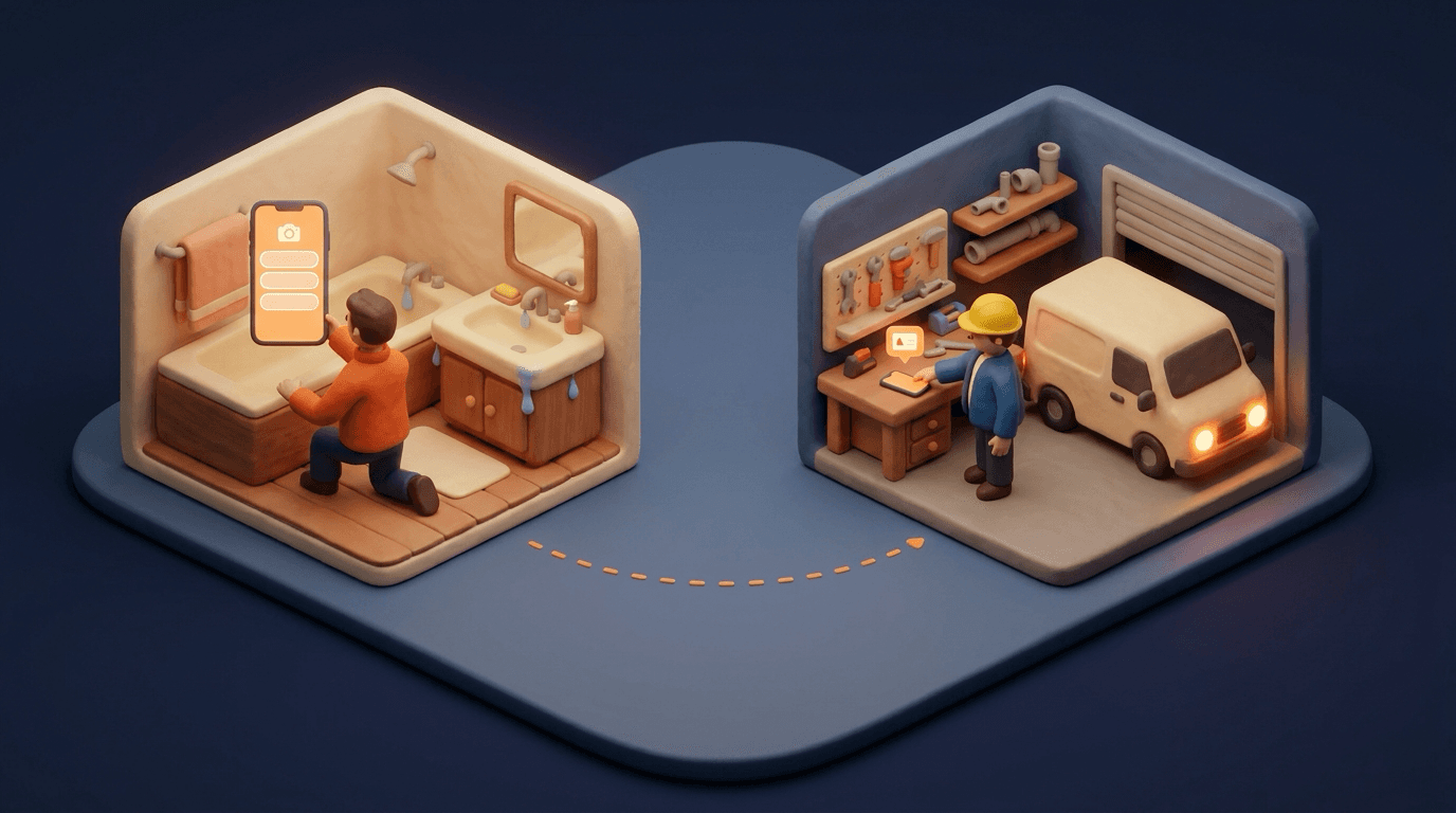 Miniatur-Diorama: links kniet ein Hausbesitzer im Bad vor einem tropfenden Waschbecken und hält ein Handy mit einem leeren Formular und einem Kamerasymbol hoch, eine gepunktete orange Linie führt hinüber in die Werkstatt eines Sanitärbetriebs, wo ein Monteur mit gelbem Helm die Anfrage auf seinem Handy öffnet, daneben steht der Transporter