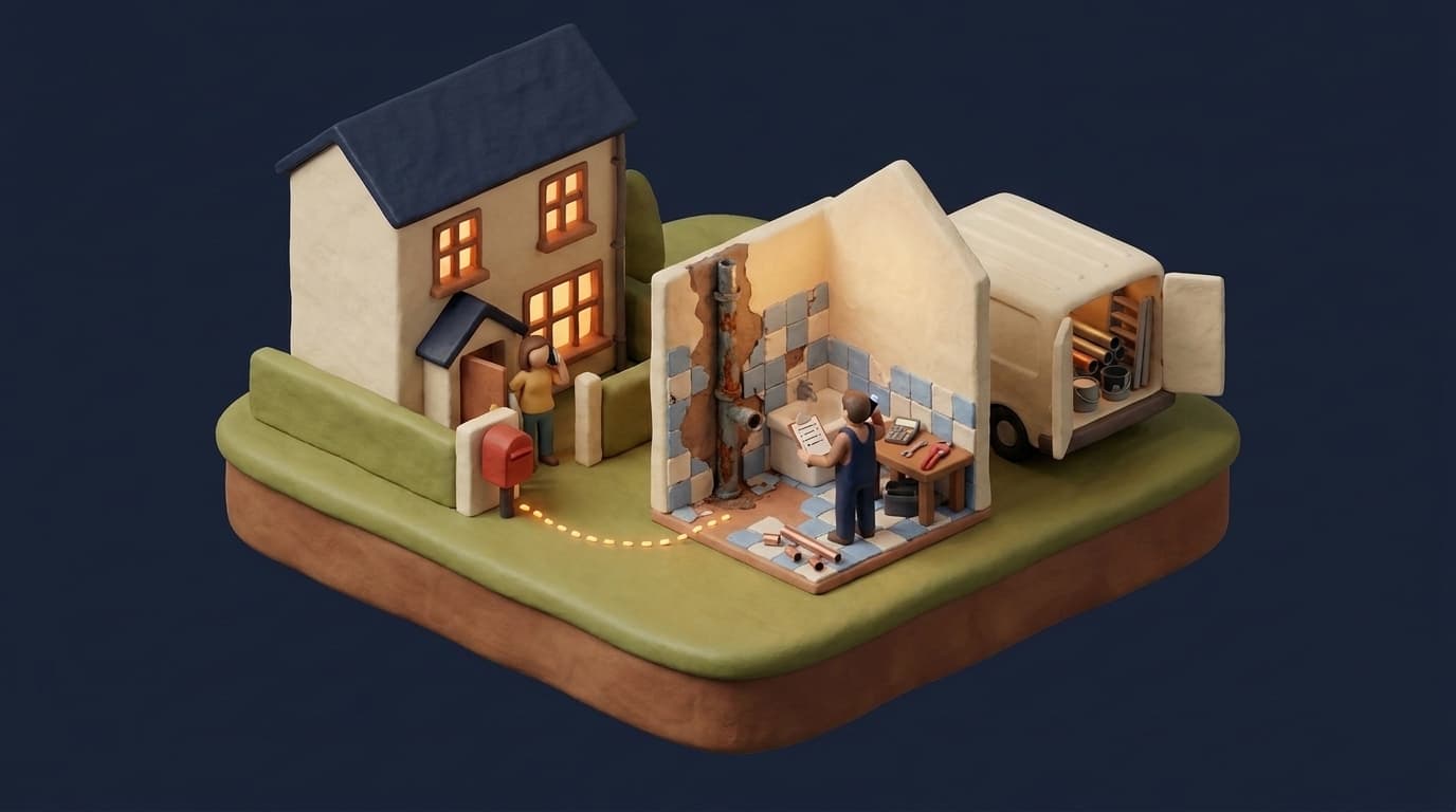 Miniatur-Diorama: in einem aufgeschnittenen Badezimmer mit halb abgeschlagenen Fliesen liegt ein rostiges altes Wasserrohr frei, ein Installateur im blauen Overall hält ein Klemmbrett und telefoniert, neben ihm ein Tisch mit Taschenrechner und Rohrzange, eine leuchtende gestrichelte Linie führt zum Nachbarhaus, wo die Kundin mit dem Handy am Ohr vor der Tür steht, daneben ein Transporter mit offenen Hecktüren voller Rohre