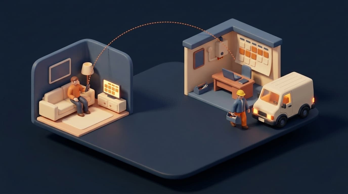 Miniatur-Diorama: links sitzt ein Hausbesitzer mit dem Handy auf dem Sofa, daneben leuchtet ein Raster aus Terminfeldern, eine gepunktete orange Linie führt hinüber zum offenen Büro eines Heizungsbetriebs mit Wandkalender, davor trägt ein Monteur seine Werkzeugkiste zum Transporter