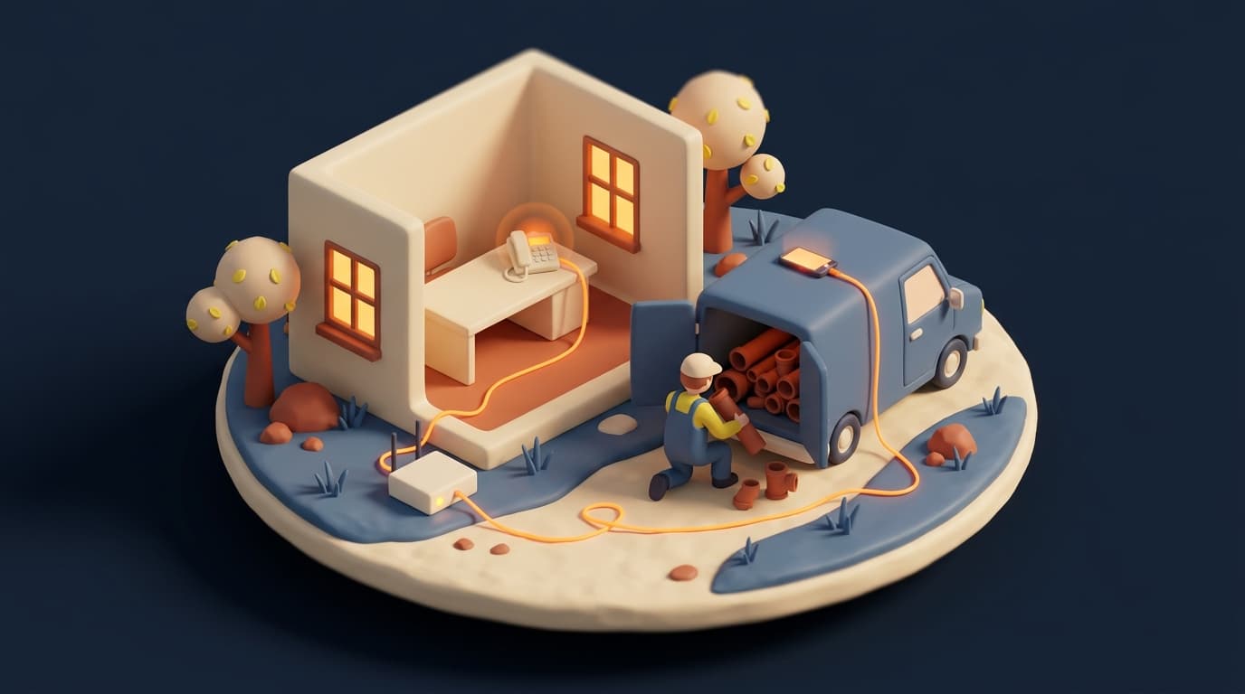 Miniatur-Diorama: im offenen Büro eines Sanitärbetriebs klingelt das Telefon, ein leuchtendes oranges Kabel läuft über einen Router zum Handy auf dem Dach des Transporters, dahinter sortiert der Installateur Rohre