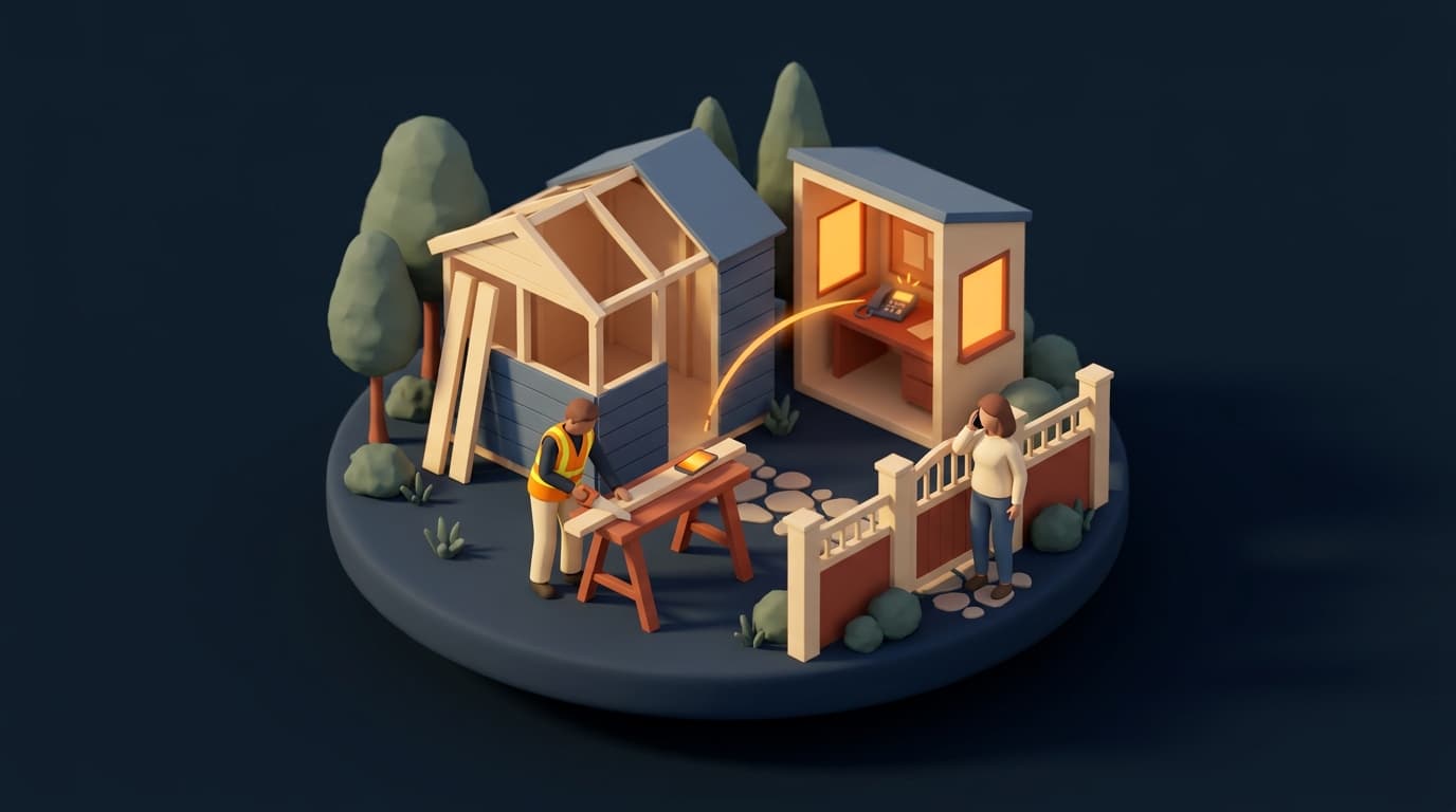 Miniature diorama: a carpenter in a hi-vis vest cuts timber on a sawhorse beside a half-built garden shed, his phone glowing on the bench, while an orange arc runs to a desk phone in a small lit office and a homeowner at the garden gate holds a phone to her ear