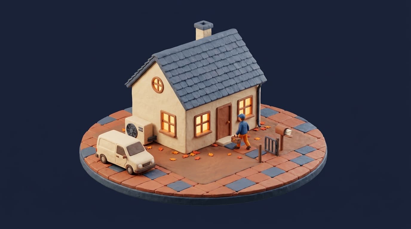 Miniatur-Diorama: ein Einfamilienhaus mit Wärmepumpe im Herbstlaub, ein Monteur mit Werkzeugkoffer geht zur Haustür, im Briefkasten am Gartentor steckt ein Brief