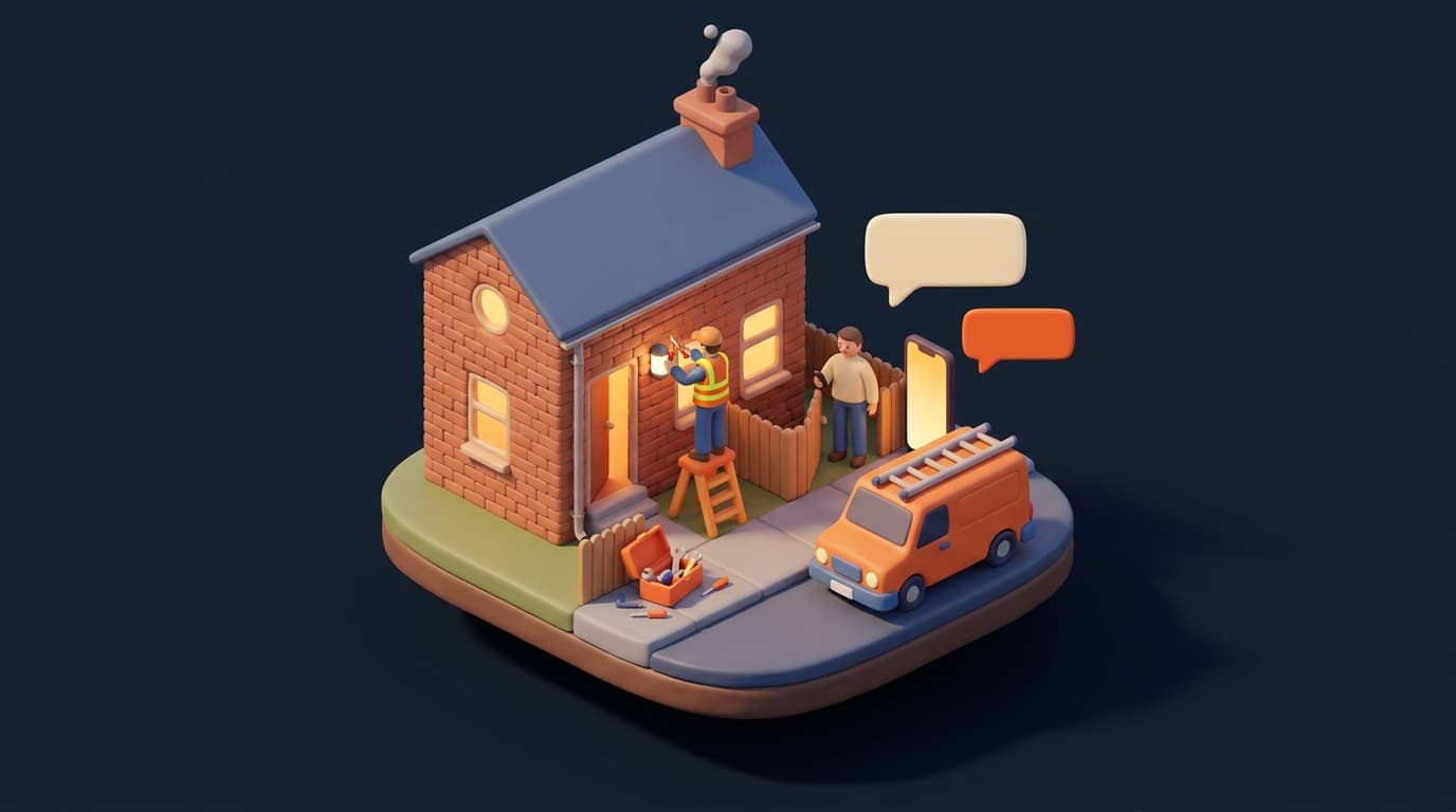 Miniature diorama: an electrician on a stepladder fixes a wall light on a small brick house, a homeowner waits at the fence beside a large glowing phone with two blank speech bubbles above it, and an orange van is parked at the kerb
