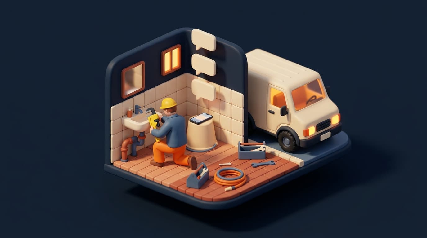 Miniatur-Diorama: ein halb gefliestes Bad im Umbau, ein Installateur kniet mit der Rohrzange am Waschbecken, hinter ihm liegt sein Handy auf einem umgedrehten Eimer, darüber schweben drei leere Sprechblasen, daneben parkt der Transporter