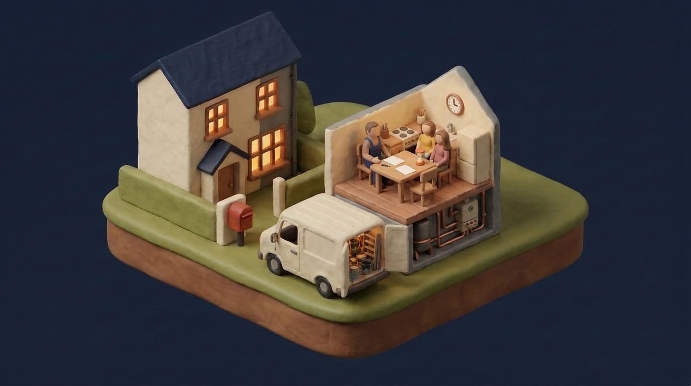 Miniatur-Diorama: neben einem Einfamilienhaus steht eine aufgeschnittene Küche, darin sitzt ein Handwerker im blauen Overall mit einem Paar am Küchentisch, auf dem Tisch liegen zwei leere Blätter, ein Stift und eine Sanduhr, an der Wand hängt eine Uhr, unter dem Küchenboden sieht man einen alten Heizkessel mit Kupferrohren, davor parkt ein heller Transporter mit offenen Hecktüren voller Farbeimer