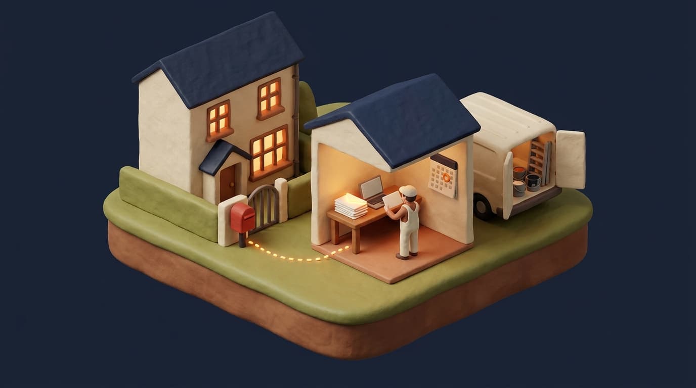Miniatur-Diorama: ein Maler im weißen Overall liest in seinem kleinen Büro ein Blatt, auf dem Schreibtisch stehen ein Laptop und ein Stapel Briefumschläge, an der Wand hängt ein Kalender mit einem markierten Tag, eine leuchtende gestrichelte Linie führt zum roten Briefkasten am Gartentor eines Wohnhauses, daneben ein Transporter mit offenen Hecktüren, Farbeimern und Leiter